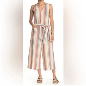 Beachlunchlounge Striped Linen Blend Jumpsuit Pockets Casual Womens Medium